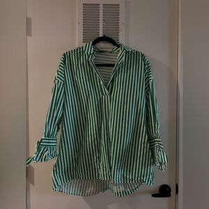 Zara Green and White Striped Blouse